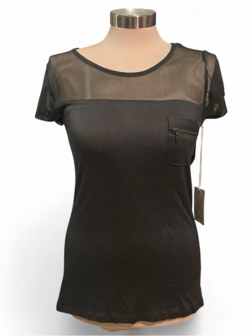 NWT Glitz Hunter Green Short Sleeve Top with Sheer Mesh Yoke and Zipper Pocket